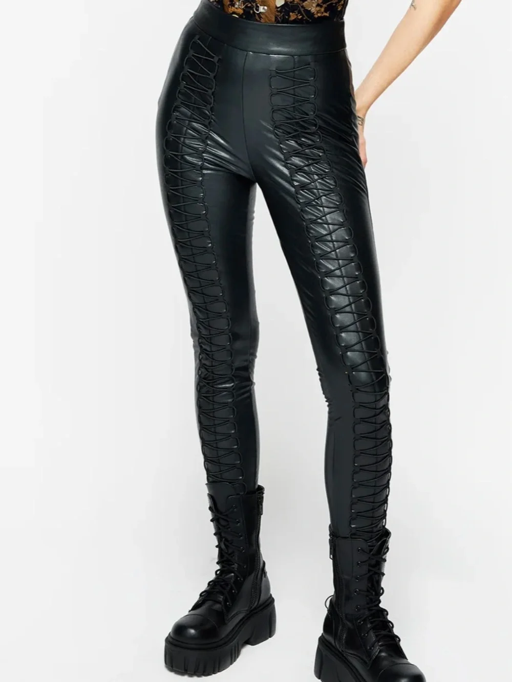Disturbia Black Lace-Up Faux Leather Leggings - Picture 3 of 14